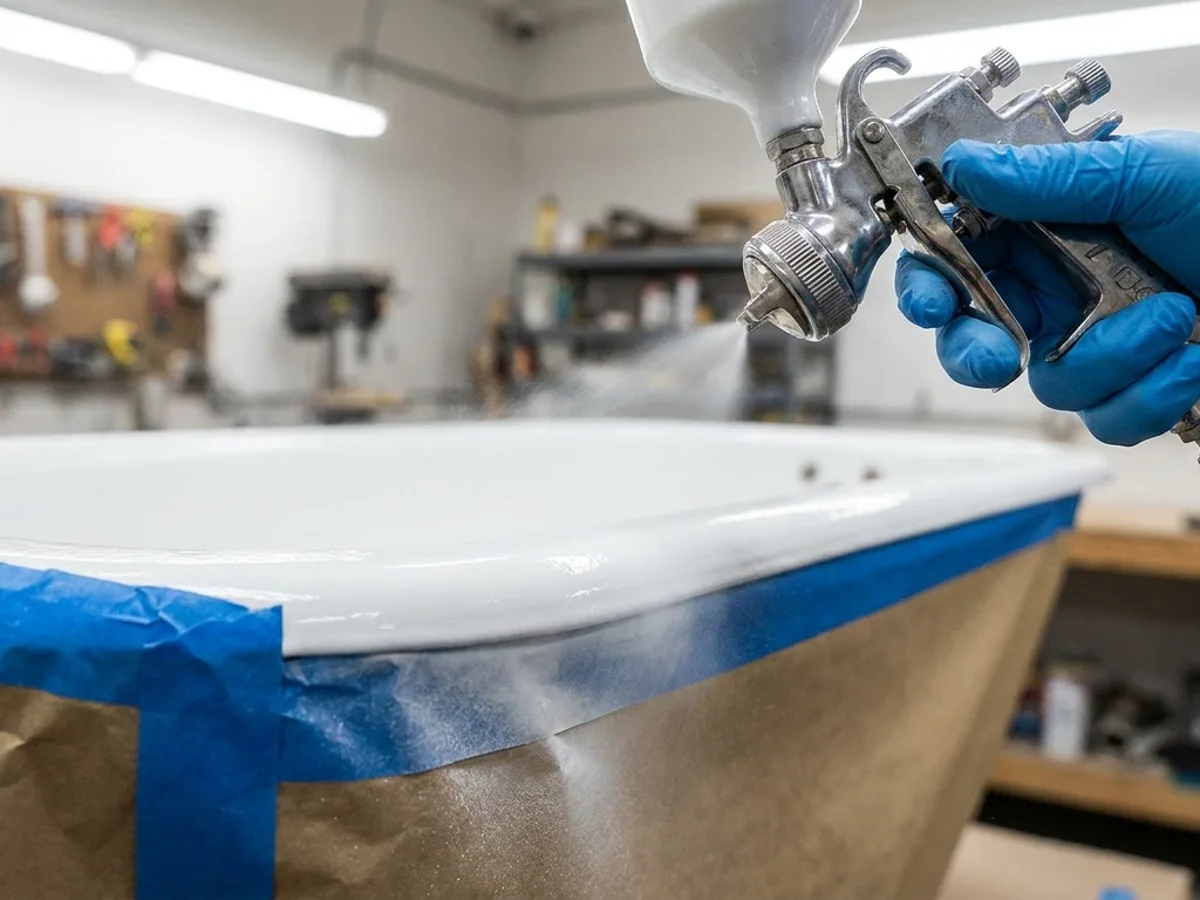 Refinishing a bathtub with a spray-applied commercial finish