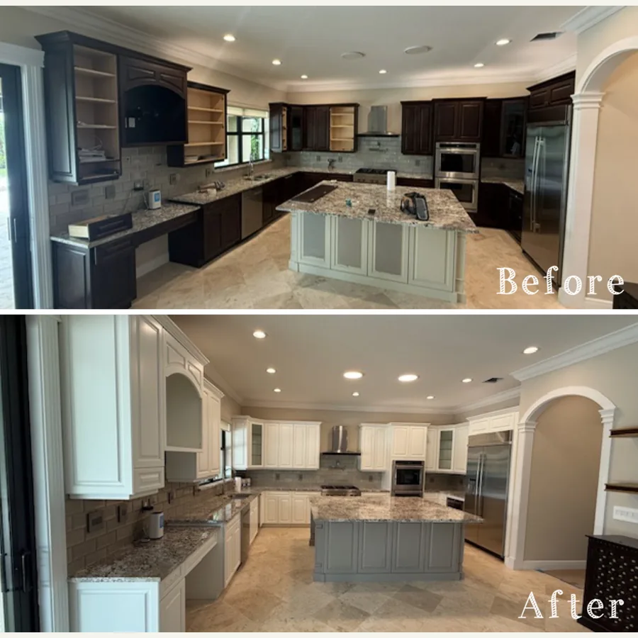 Two-tone kitchen cabinets with island refinished — before and after
