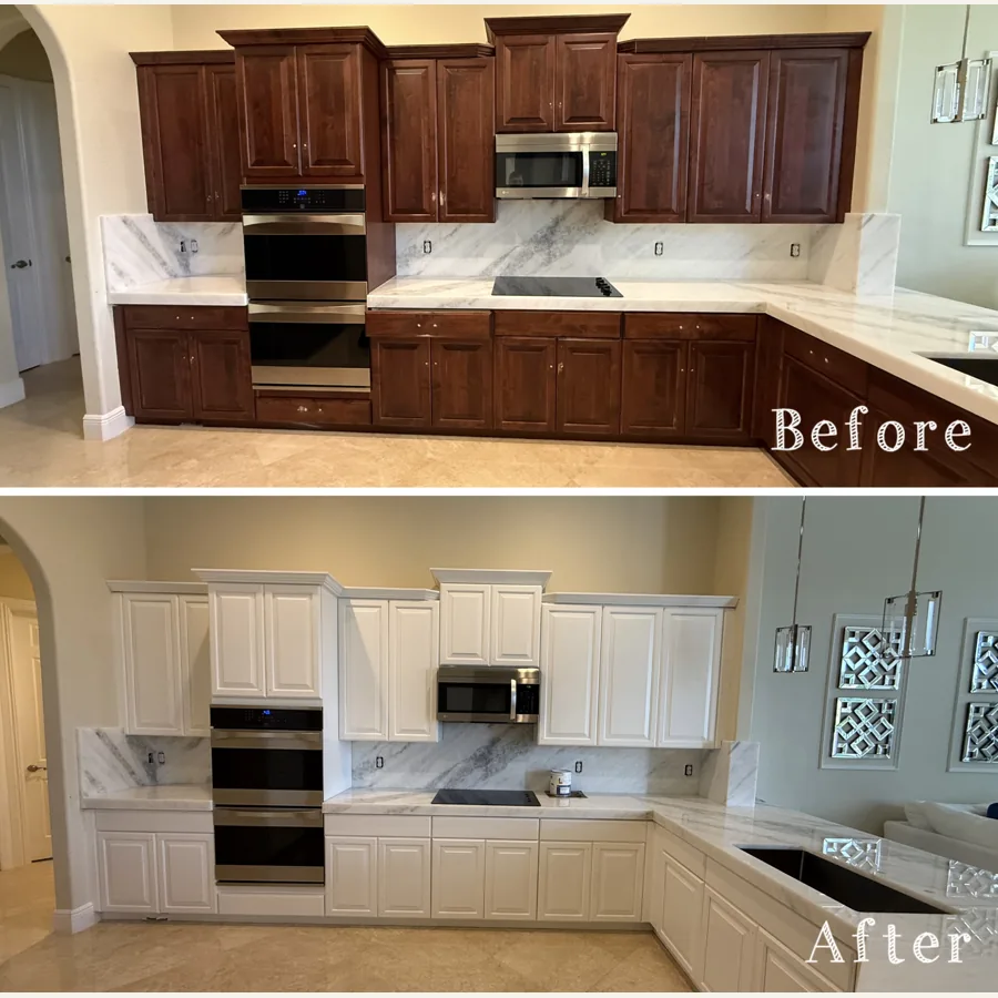 Soft white kitchen cabinets refinished — before and after