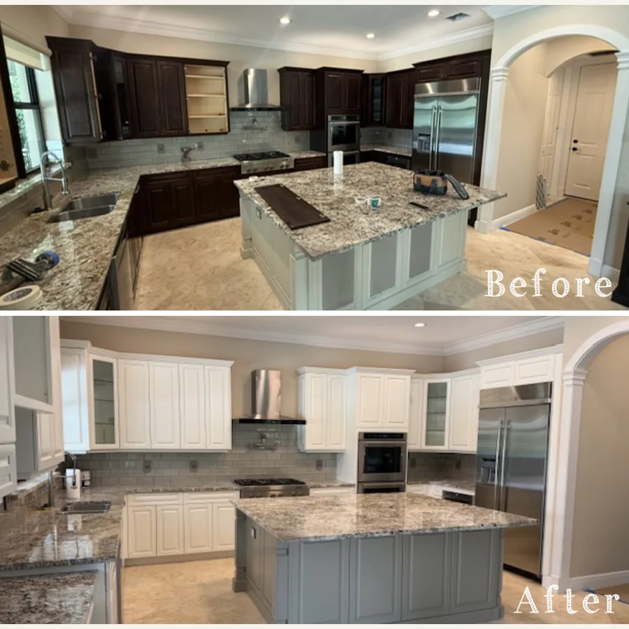 Warm white kitchen cabinets refinished — before and after
