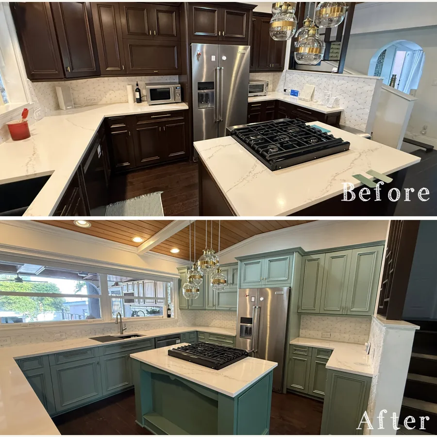 Kitchen cabinets refinished white and espresso — before and after
